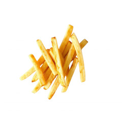 A pile of golden, crispy French fries arranged neatly on a black background. The fries are perfectly cooked with a crunchy texture, ideal for fast food or snack-themed visuals.