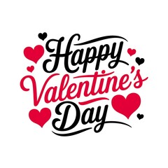 Happy Valentine's Day Lettering. This is a 14th of February greeting card. The inscription is in black and red, and there are hearts on a white background. 
