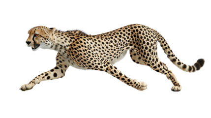A sleek and elegant cheetah in a running pose, isolated on aTransparent background, PNG file . The cheetah's distinctive spots and muscular build are highlighted with precise detail