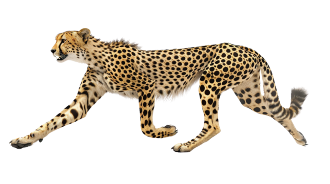 A sleek and elegant cheetah in a running pose, isolated on aTransparent background, PNG file . The cheetah's distinctive spots and muscular build are highlighted with precise detail - Powered by Adobe