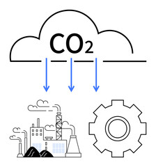 CO2 cloud over a factory emitting smoke, gear symbolizing innovation and eco-tech. Ideal for climate change, emissions reduction, sustainable energy, green tech, air pollution, industrial solutions