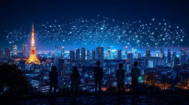 Tokyo skyline, network, night, team, future