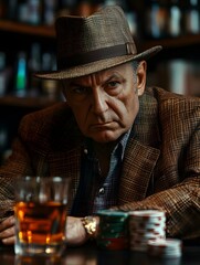 Mature Man in Hat Sitting at Bar Sipping Whiskey in Contemplative Mood