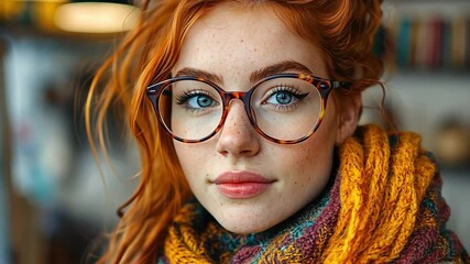 Redhead Woman in Glasses: A captivating portrait of a young woman with vibrant red hair, freckles, and striking blue eyes, wearing round tortoiseshell glasses and a cozy autumnal scarf. - Powered by Adobe