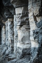 Rough stone columns recede into soft focus space.