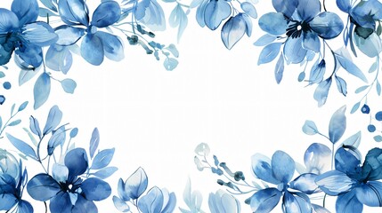 Elegant Blue Flower and Leaves Border Card on White Background