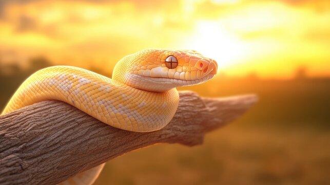  smiling python coiled around a tree branch, its vibrant scales glowing in the golden light of a blurred sunset background