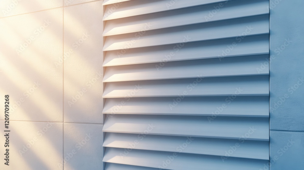 Poster view of sleek modern blinds on a window, sunlight softly filtering through, casting clean