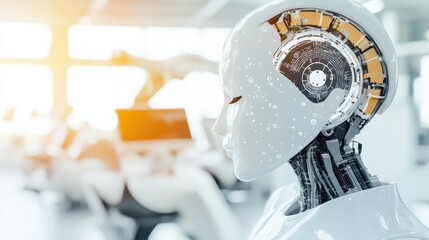 A futuristic robot features a sleek head design and an integrated computer, showcasing advanced technology and innovation in robotics.