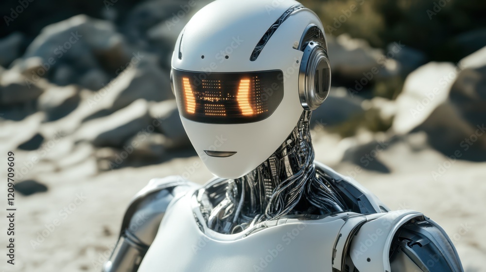 Poster a sleek robot features a prominent red light on its face, indicating its operational status and addi