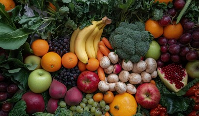 Many different types of fruits and vegetables are on the table