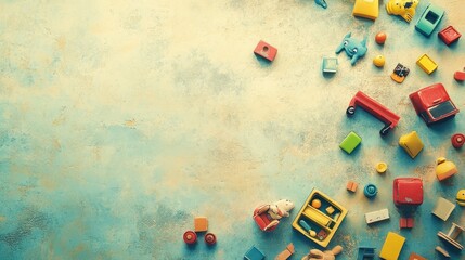 Colorful Wooden Toys Scattered on Textured Background