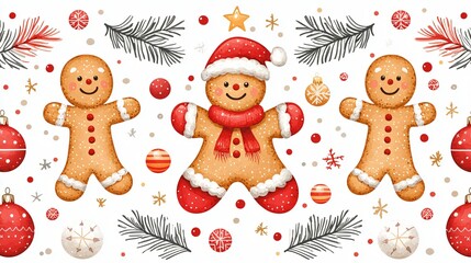 Gingerbread figures with christmas ornaments and fir branches on a white background festive scene