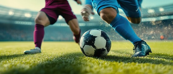 A group of soccer players are actively playing a game on a grassy field