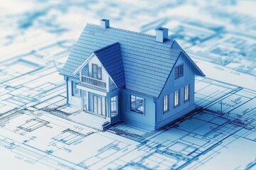 A detailed blueprint unfurls beneath a charming house, revealing intricate plans and structures, merging creativity with architectural precision.