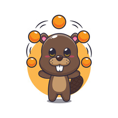 beaver mascot cartoon character vector illustration circus attraction with balls.