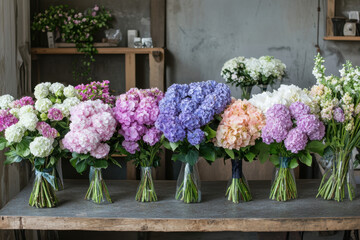 A stunning collection of hydrangea bouquets in shades of purple, blue, pink, and white, elegantly arranged in glass vases. The rustic wooden table and neutral backdrop enhance the delicate beauty of t