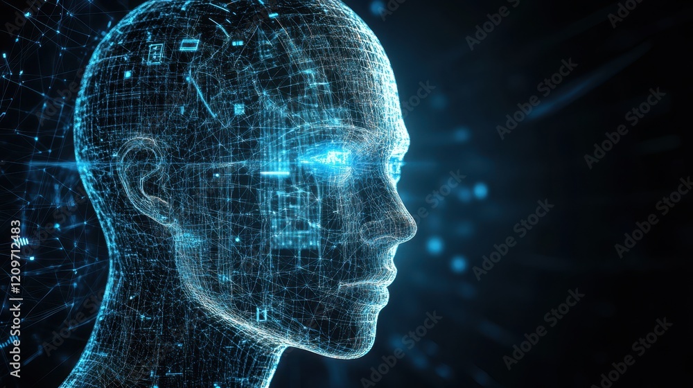 Poster a mesmerizing close-up of a person's head, adorned with intricate digital patterns that swirl and pu