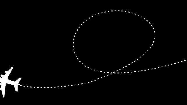 Airplane line path, The plane hovered on the dotted line animation Isolated on Black Background
