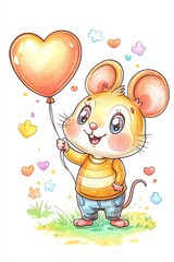 Adorable mouse holding heart balloon in a whimsical environment
