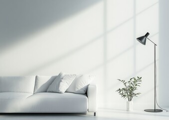 A cozy living room featuring a couch, a lamp, and a plant