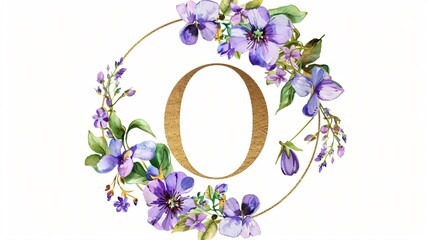 Elegant Floral Gold Letter O with Watercolor Violet Design