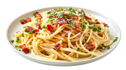 Traditional plate of spaghetti carbonara with crispy bacon and creamy sauce, isolated on aTransparent background, PNG file