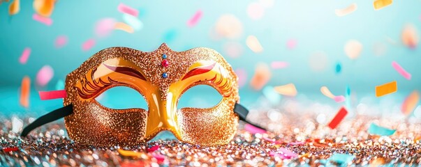 Carnival celebration concept. A vibrant gold masquerade mask surrounded by colorful confetti and sparkling decorations.