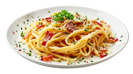 Traditional plate of spaghetti carbonara with crispy bacon and creamy sauce, isolated on aTransparent background, PNG file