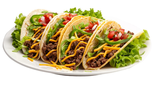 Tasty plate of tacos with seasoned beef, cheese, lettuce, and salsa, isolated on aTransparent background, PNG file