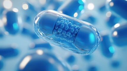 A vibrant close-up reveals a blue pill nestled within a transparent capsule, highlighting the intricate details and colors of pharmaceutical design.