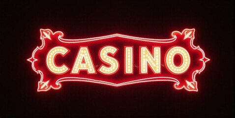 Vibrant neon casino sign illuminates a poker table, casting electric glow on scattered chips and playing cards, capturing gambling's intense allure.