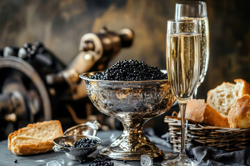 A luxurious display of black caviar in an ornate silver bowl, accompanied by champagne flutes and fresh bread. The dark, vintage-inspired background enhances the opulent and refined atmosphere of this