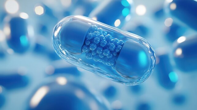 A vibrant close-up reveals a blue pill nestled within a transparent capsule, highlighting the intricate details and colors of pharmaceutical design.