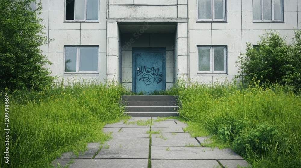 Poster an abandoned block of flats with broken windows and graffiti-covered walls