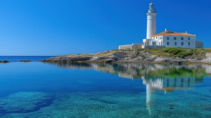 Coastal Lighthouse Reflecting, Calm Sea, Sunny Day