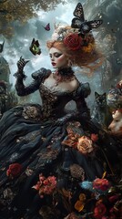 Fototapeta premium Gothic Victorian Woman with Cats and Butterflies