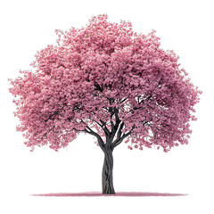 Pink sakura tree blooming on white background.