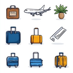 A collection of travel-themed illustrations featuring suitcases, an airplane, a palm tree, and travel essentials.