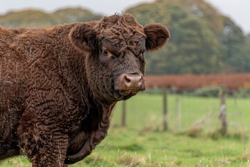Fototapeta premium A close-up of a brown, fluffy cow standing in a green pasture, with trees in the background, showcasing its unique texture and calm demeanor.