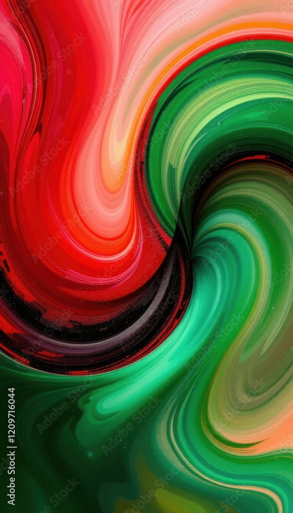 Poster vibrant abstract swirl with red and green fluid patterns