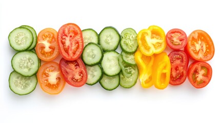 A colorful array of freshly sliced vegetables, Including crisp cucumbers, vibrant bell peppers