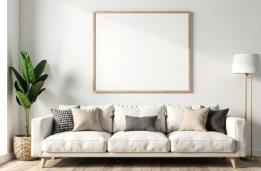 Interior of a room in calm beige tones with an empty picture frame on the wall.