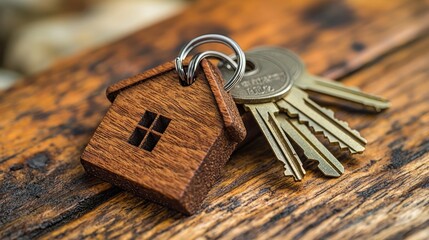 Wooden house key on rustic table; new home purchase