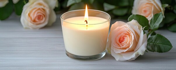 Valentine love concept. A fragrant candle lit near soft roses, creating a serene and calming atmosphere.