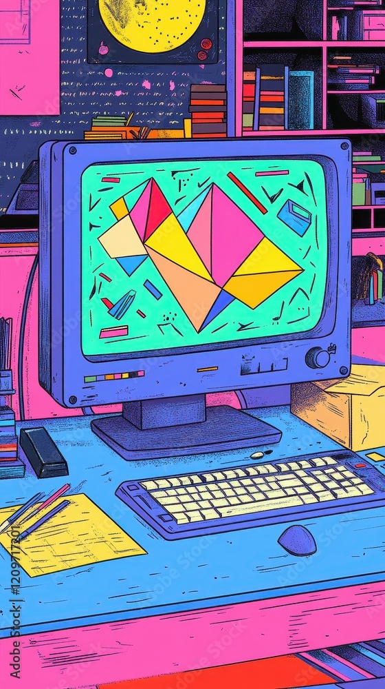 Poster retro computer screen displays geometric abstract art