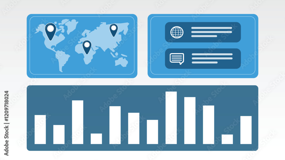Poster data analytics dashboard design with global map, bar charts, and infographics on a clean interface