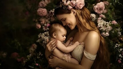 Scene of video happy mom holding baby , smooth repeating motion for background video animation.