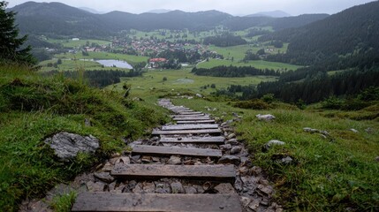 Mountain trail descends to valley village, rainy day