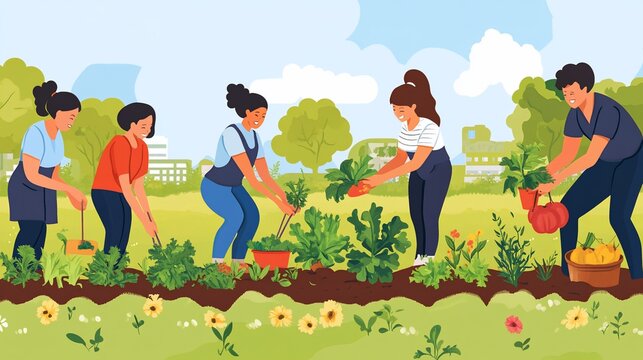 Community garden volunteers harvesting vegetables and flowers in a city park; promoting urban farming and healthy living